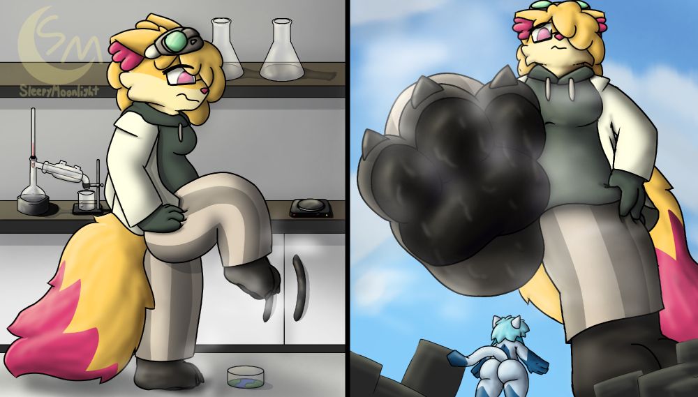 A macro Braixen, Wicke, in a lab. They're looking down at a petri dish containing what seems to be the Earth, nervous as they realize they almost accidentally stepped on it. The first panel is a view of them in the lab and the second panel is a view from below a micro in the dish looking up at the macro. 