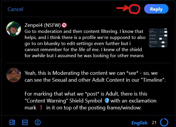 Screenshot of this conversation text with Zenpei4 showing a red circle and arrow on the shield-symbol with an exclamation mark in it left of the "Reply"-Button