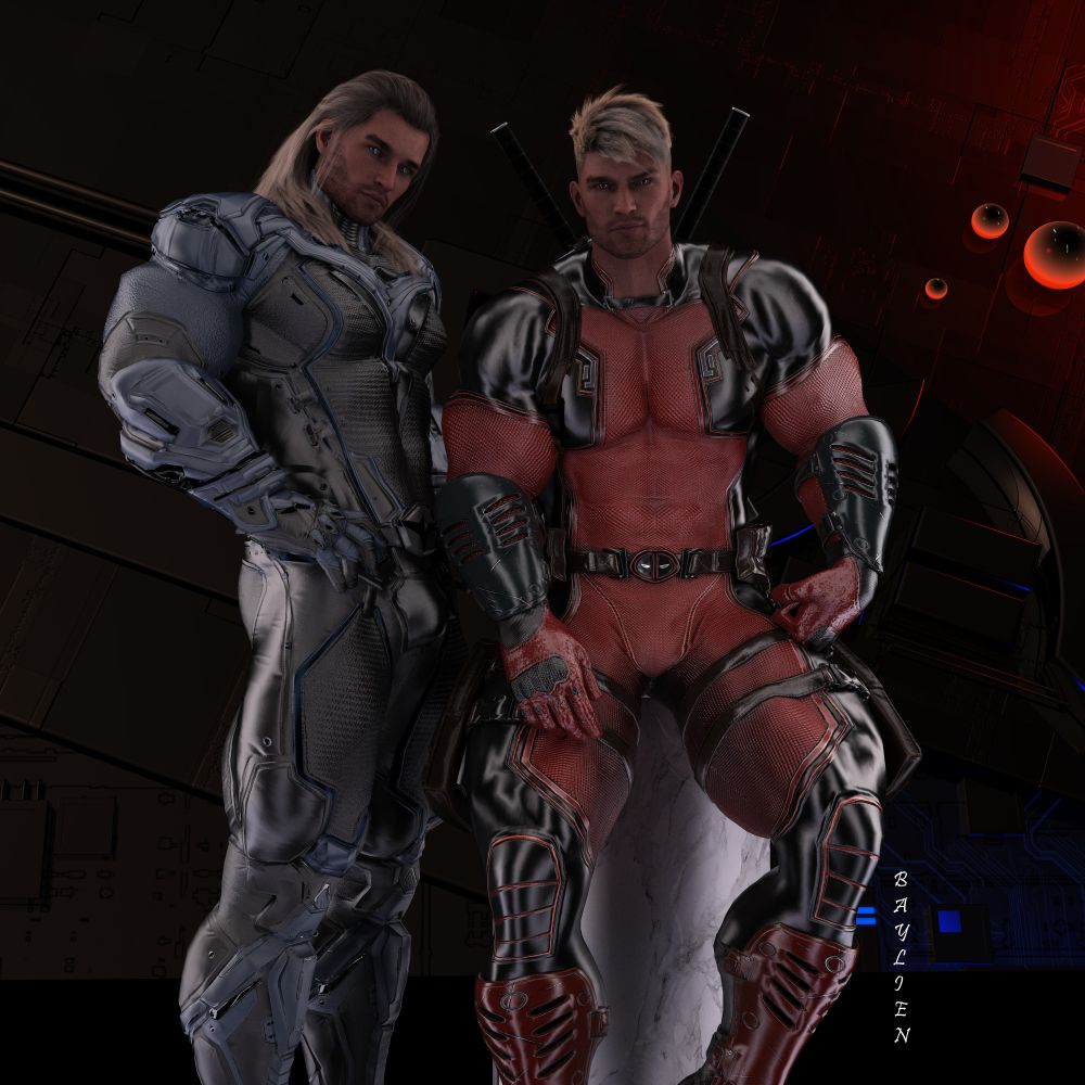 Twin brothers Kaelec (left) and Damek (right) posing together. Kaelec is wearing a blue and black battlesuit. Damek is wearing a red and black battlesuit. 