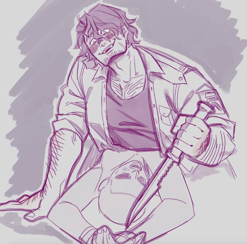 A simple sketch of Strade from the games ykmet and boyfriend to death, holding the faceless player character at knifepoint while keeping them pressed against the floor under his body.