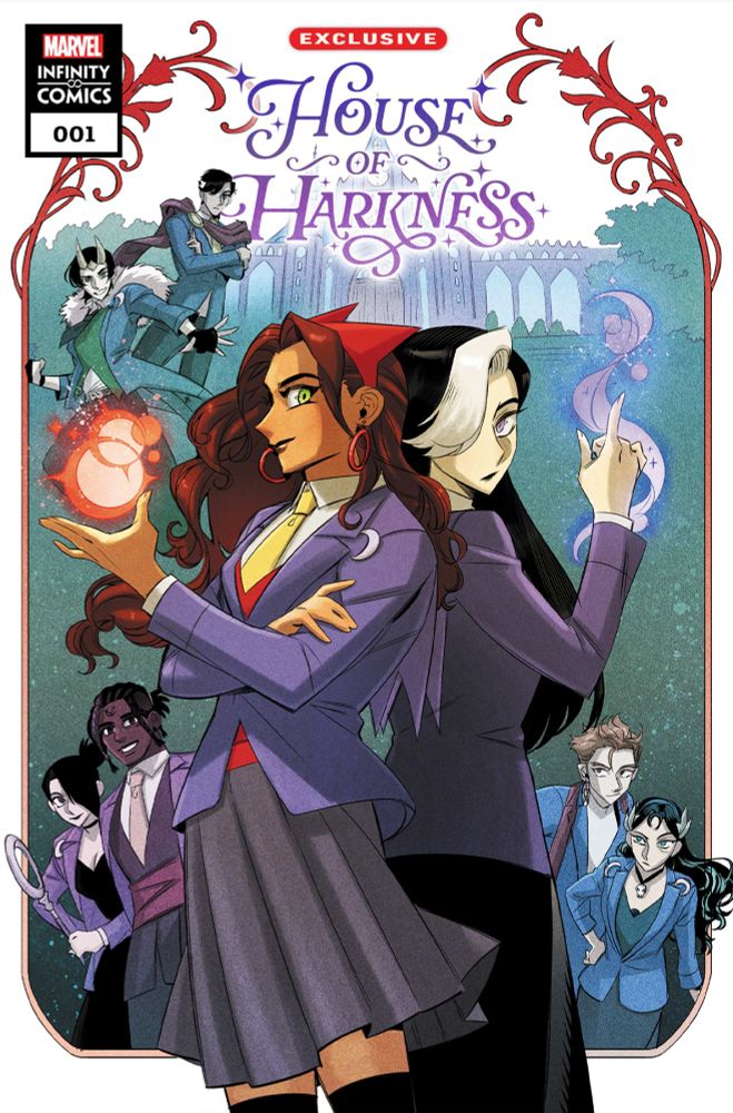 the cover for House of Harkness #1 featuring Wanda and Agatha standing back to back, each holding a magical spell in their hands and looking at the reader. On Wanda's side we also see Nico Minoru and Jericho Drumm, on Agatha's is Morgan Le Fay and Daimon Hellstrom. We can also see Loki and Stephen Stranger just in front of the school. Everyone is in variations of a classic school uniform, blazer and ties.
