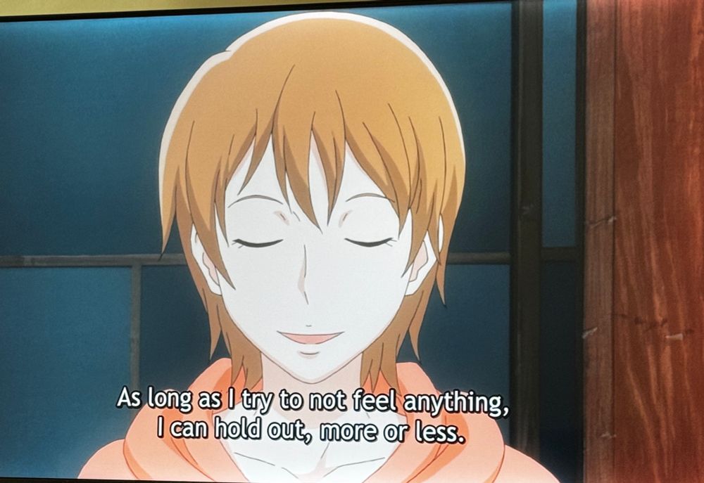 A screenshot of USAGI DROP. A woman is smiling and saying, “As long as I try to not feel anything, I can hold out, more or less.”