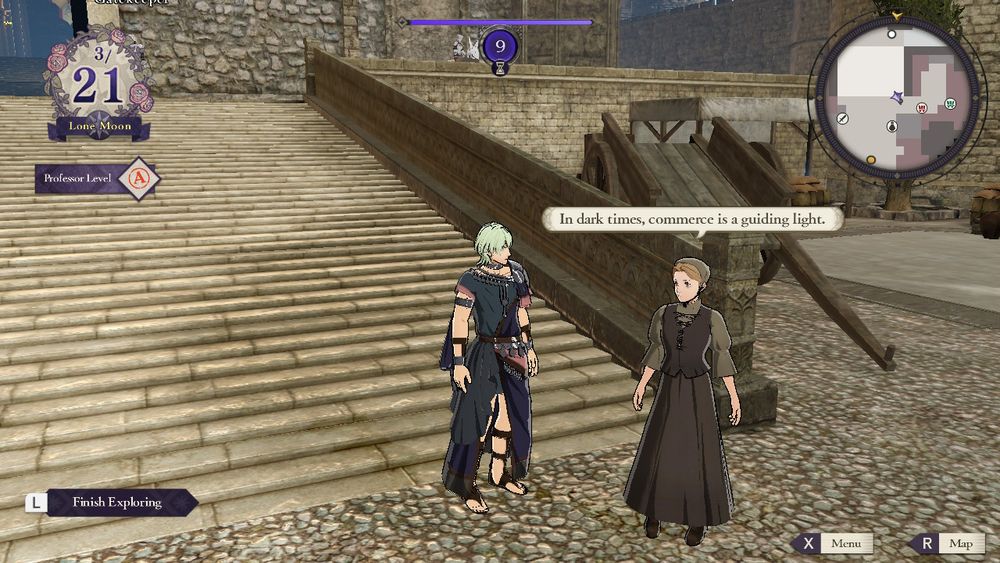 A screenshot from Fire Emblem: Three Houses of a woman standing next to Byleth and saying, "In dark times, commerce is a guiding light." 