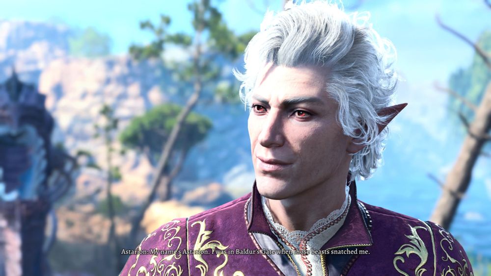 A screenshot from BALDUR'S GATE 3 of a white elf with red eyes and white, wayward hair. He has a haughty demeanor about him, and is wearing a purple tunic with gold embroidery and embellishments over a lace collared white shirt. He's shown from the shoulders up and he's saying, "My name is Astarian. I was in Baldur's Gate when those beasts snatched me." 