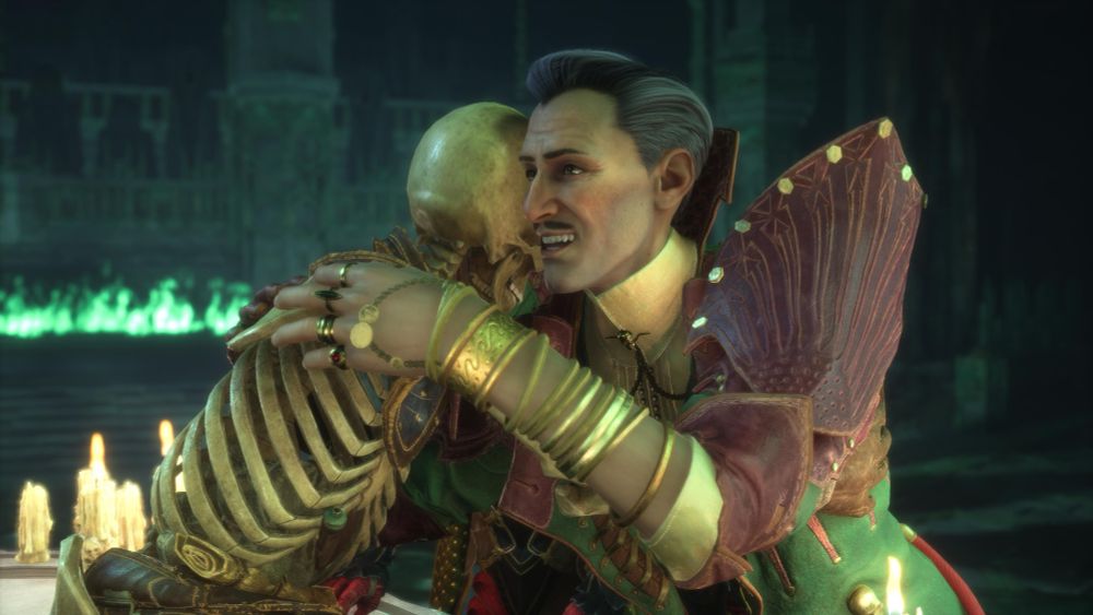 A screenshot from Dragon Age: The Veilguard of Emmerich and the skeleton Manfred hugging each other 
