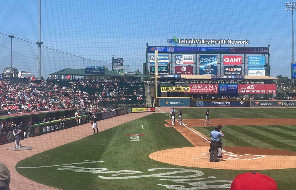 Coca Cola park in Allentown. Justin Crawford is on third, Rojas is at bat and Bohm is in the on-deck circle. 