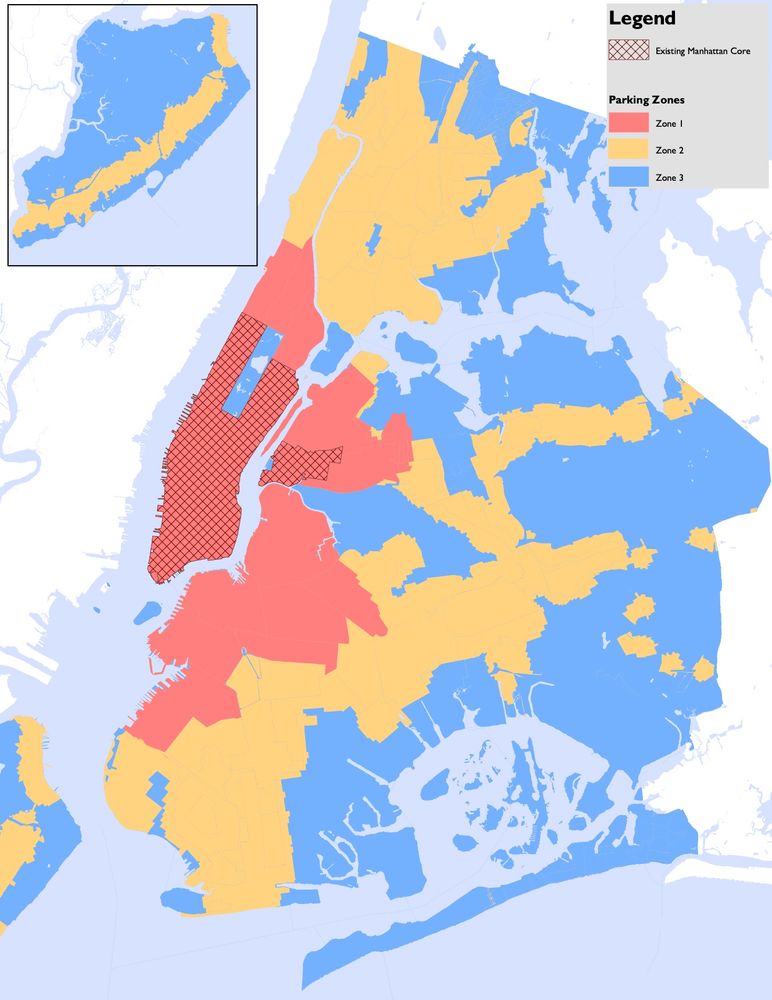 Map of NYC with red (Manhattan and Western Queens, Northwest Brooklyn) yellow, and blue (outer areas of Queens, the Bronx, Brooklyn, and most of Staten Island) 