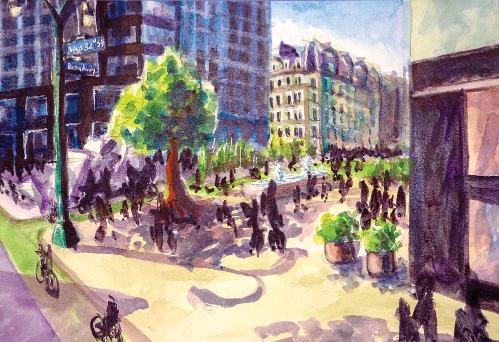 Watercolor image of a pedestrianized Broadway at 34th St, with trees, bike lanes, and lots of people walking. 