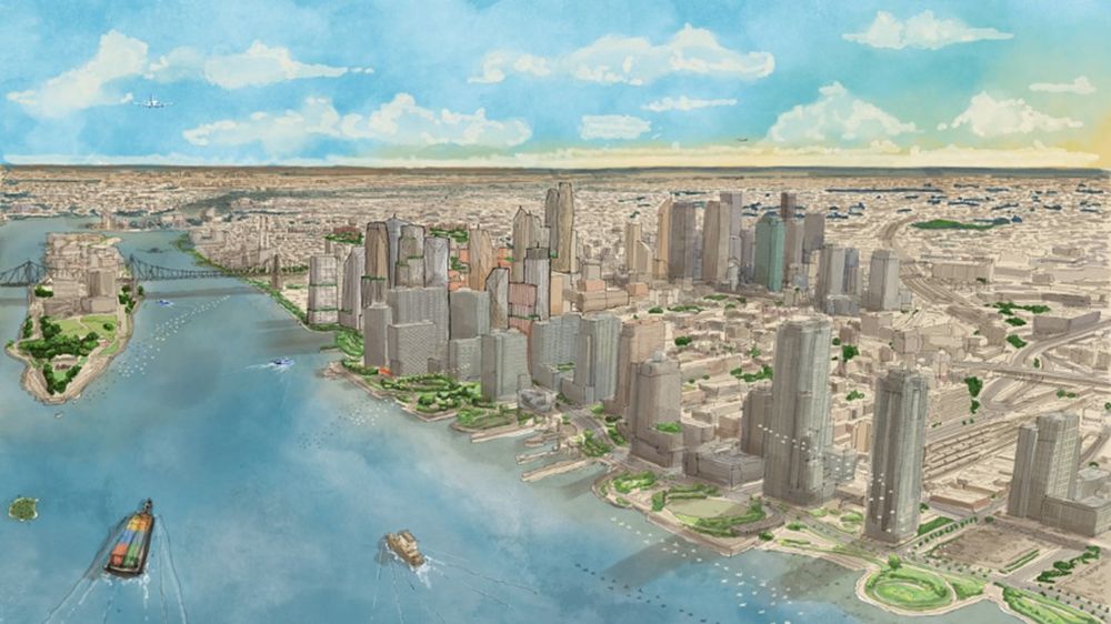 Watercolor image of new buildings along the Western Queens waterfront 