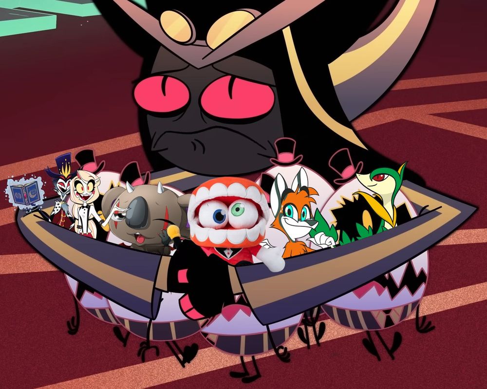 Sir Pentious from Hazbin Hotel gently holding Stolas from Helluva Boss, Charlie Morningstar from Hazbin Hotel, Phascomon from Digimon, Caine from Digital Circus, Spam O'Brien from Zoophobia, and Servine from Pokemon