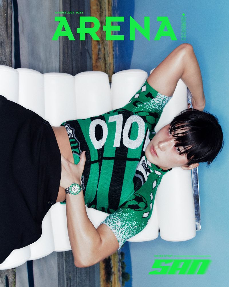 kpop group ateez member choi san posing for cover of arena homme magazine