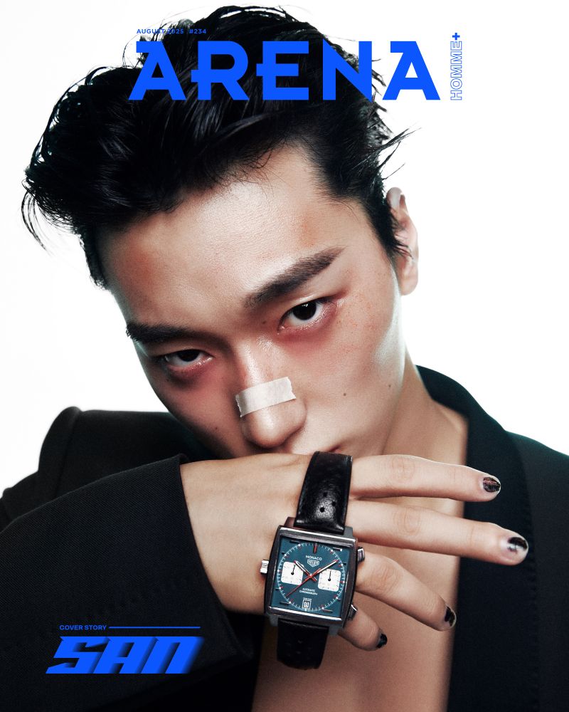 kpop group ateez member choi san posing for cover of arena homme magazine