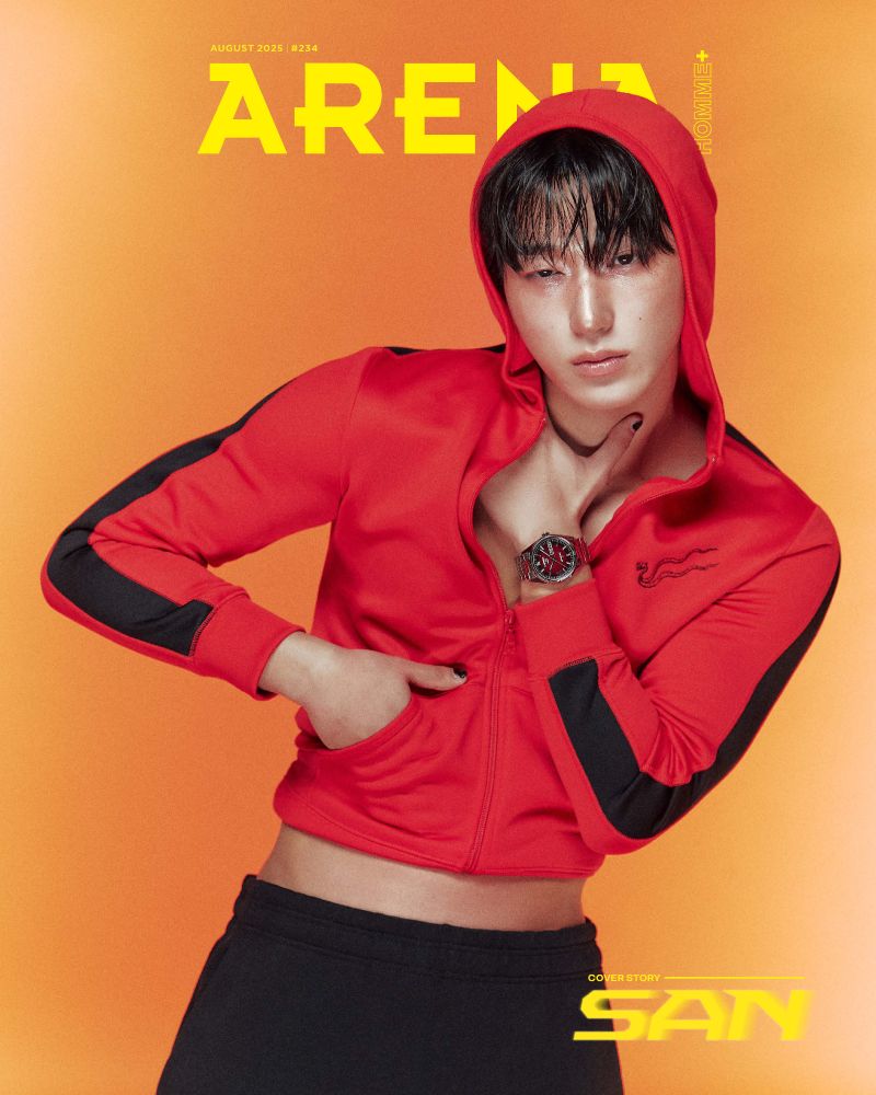kpop group ateez member choi san posing for cover of arena homme magazine