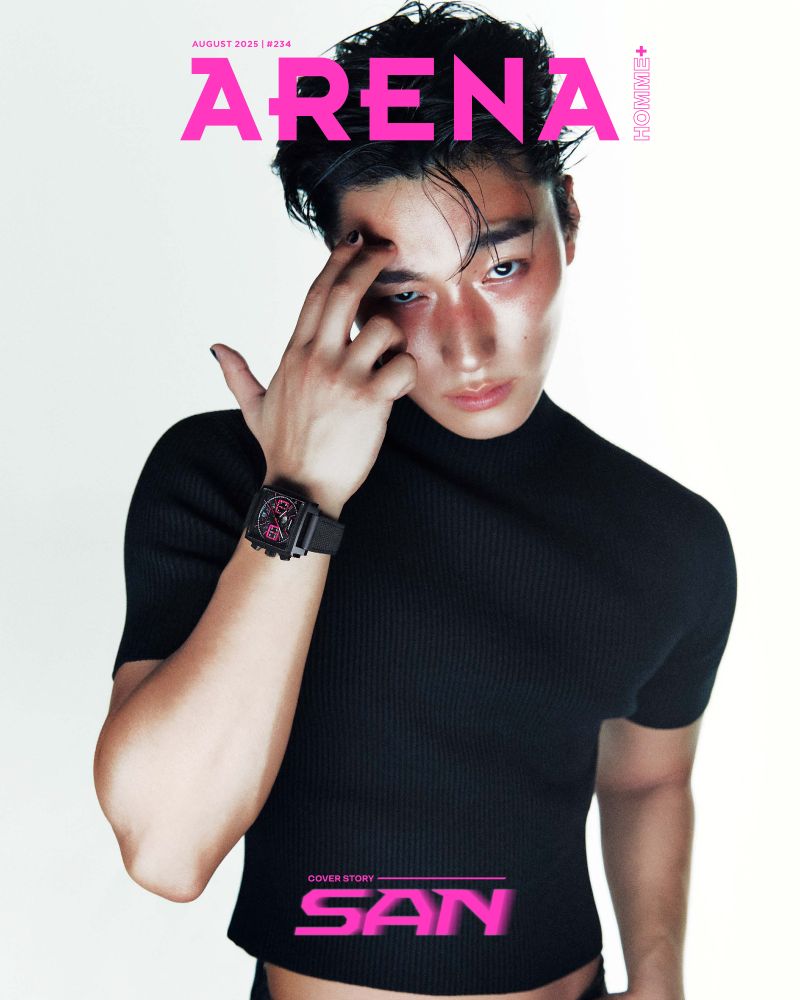 kpop group ateez member choi san posing for cover of arena homme magazine
