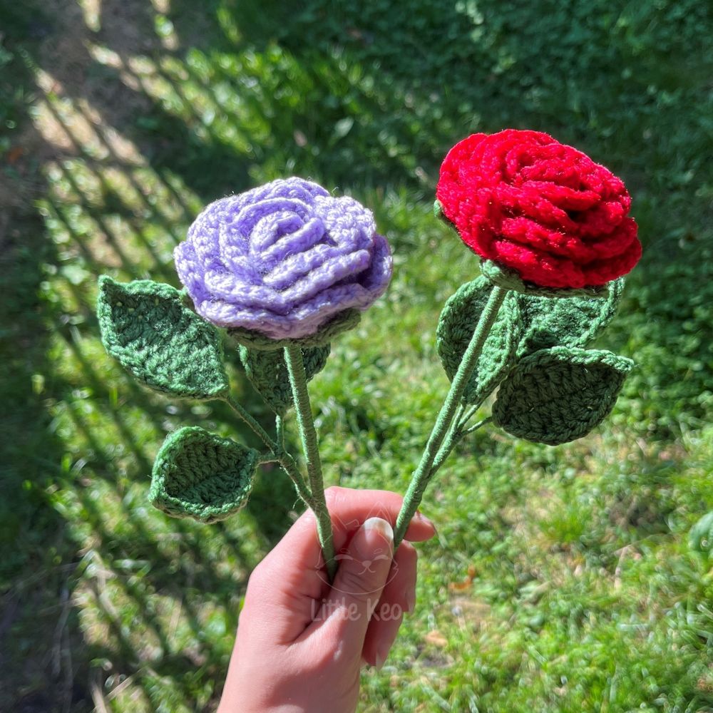 crocheted roses in Purple and red with Stem & Leaves