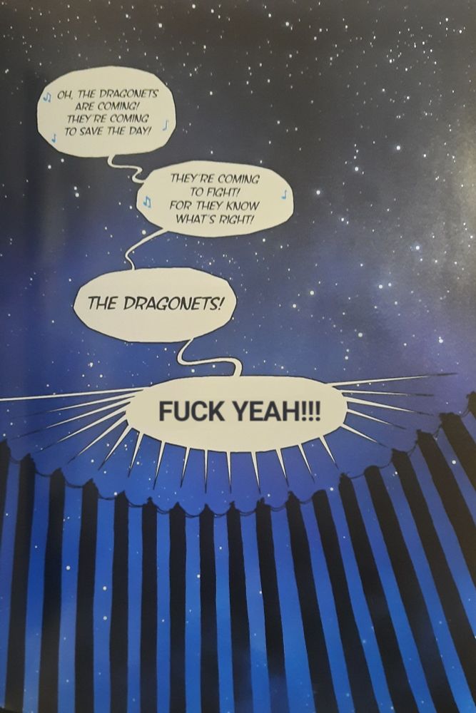 A photoshopped page from the graphic novel version of The Dragonet Prophecy.  The full-page illustration is a ground point-of-view of about fifteen of the prisoner towers at the SkyWing arena during a clear, starry night.  The towers and the dragons atop them are shrouded in darkness, but they are all singing,
"The dragonets are coming
They're coming to save the day!
They know how to fight,
For they know what's right!
The dragonets!
Fuck yeah!!!"