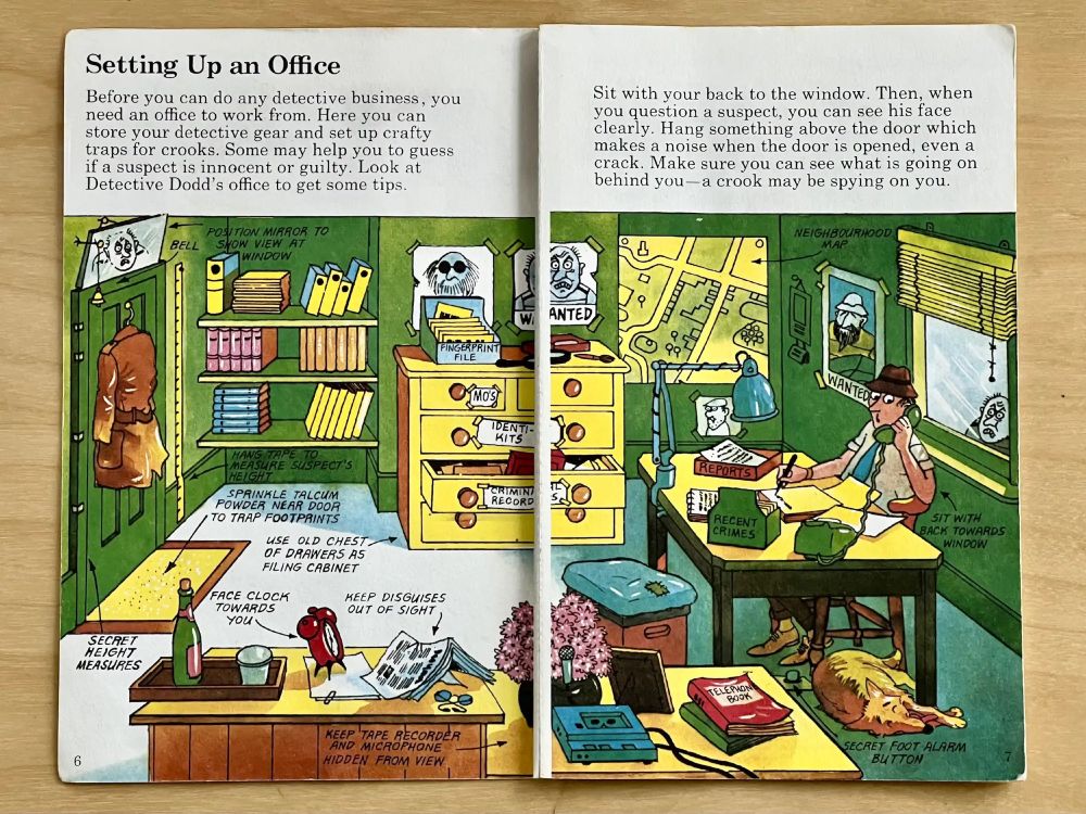 The original illustration from the Dectective's Handbook. The viewpoint is the same, but is focussed on 'catching crooks' and features tricks to measure visitor's height and secretly record them on tape. 