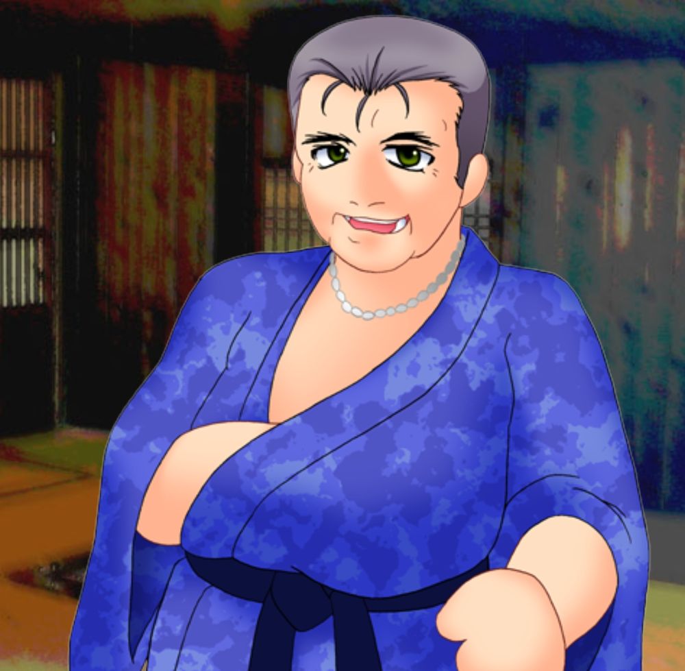 oishii from higurashi with his arm tucked into his robe making it look like he has huge boobs