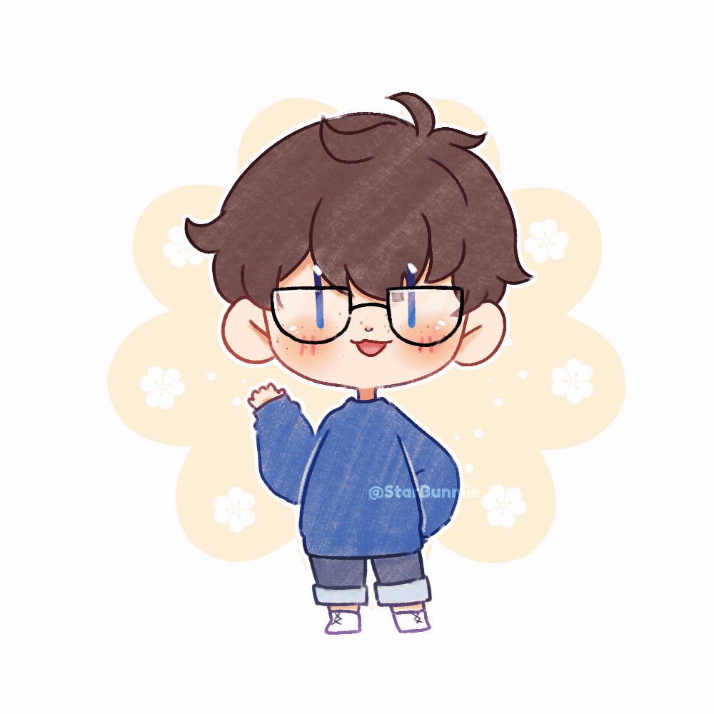 an illustrated doodle of mo wearing a deep blue sweater, rolled up jeans, and white sneakers while waving at the camera. they have black glasses, rosy cheeks, brown fluffy hair, and blue eyes. the background is mostly white except for a splotch of yellow behind mo.