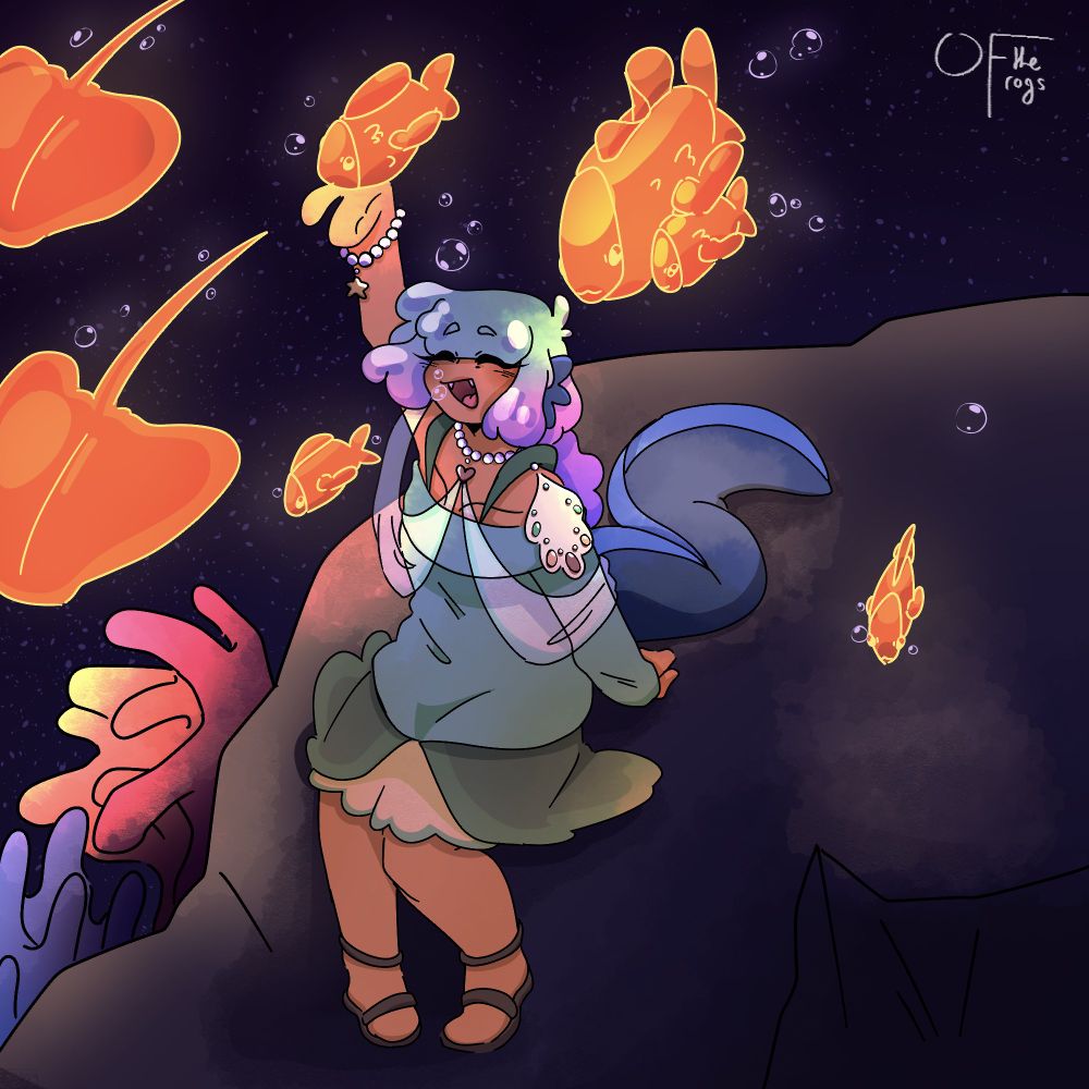 A drawing of the same girl, only she looks about 16 years old now, sitting on a rock underwater, surrounded by gold, glowing fish and manta rays and some coral, she has long fluffy hair in a low ponytail, hair still blue at the top and fades to purple but has pink in the middle of the two as well as the colours being more vibrant. Has blue fishy axolotl gills where her ears would be and a long tail coiled up slightly behind her. She's wearing a pearl necklace and bracelet with a heart charm and star charm respectively, a white see-through shawl going from the heart and looping around her biceps, a piece of jewellery shaped like an oak leaf resting on her shoulder. She has a much greener, more pale teal sweater on now that only has one sleeve, a green skirt that splits in the middle with a yellow petticoat underneath, and finally some brown sandals. [Drawing from February 2025]