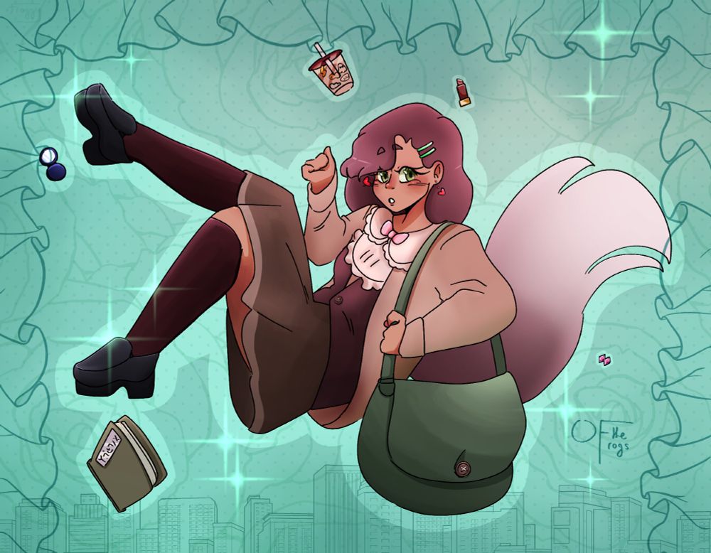 A digital drawing of a young girl floating on a teal background, a city visible in the background with folding cloth along the edges of the frame, floating with her are; a green-ish grey book, a compact mirror, a lipstick, and a boba drink with tapioca pearls shaped like a lightning bolt, a fish, a ghost, a cloud, and a mouth with sharp teeth. The girl has long dark pink hair, almost maroon, that fades to white at the end, her green eyes are looking at the camera. She has green hairclips, pink heart dangle earrings, a light brown cardigan over a deep brown vest that is also over a cream shirt, a pink bow on the collar of it. She also has a green bag slung over her shoulder, a brown skirt, dark brown, almost black, knee-high socks, and some black loafers on.