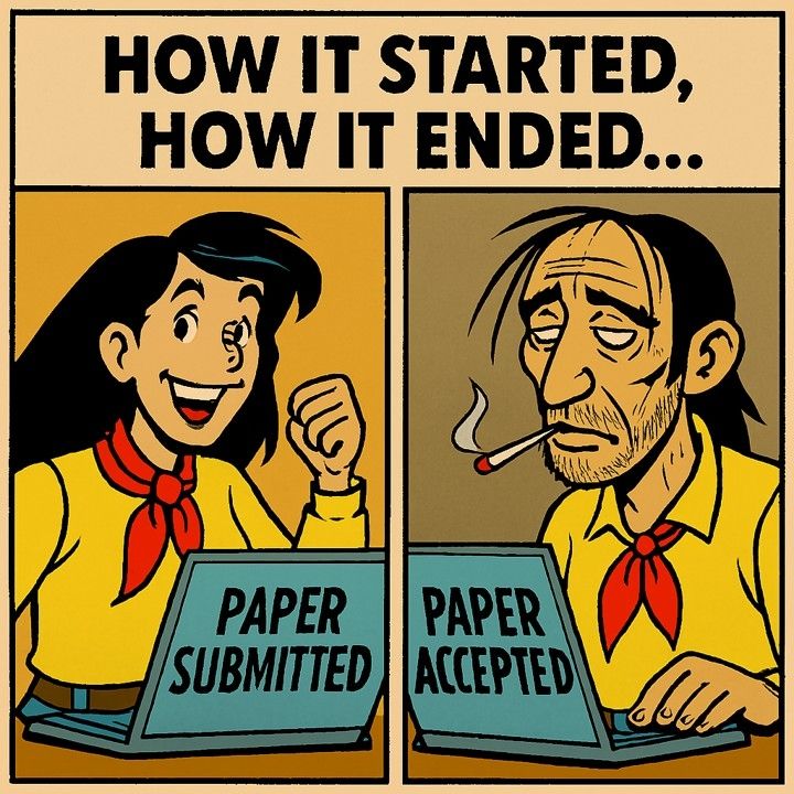 Comic: links eine junge, dynamische Person jubelnd vor einem Laptop, auf dem steht: "Paper Submitted". Rechts eine deutlich gealterte Person mit schütterem Haar, Zeichen der Übernächtigung und einer Zigarette im Mund vor einem Laptop, auf dem steht: "Paper Accepted". Bild KI-Generiert