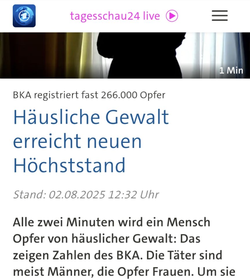 Schlagzeile tageschschau.de: Häusliche Gewalt erreicht neuen Höchststand. Täter meist Männer, Opfer meist Frauen