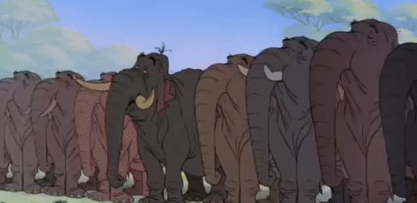 A scene from the Disney animated film the Jungle Book depicting a line of elephants stepping backwards leaving one hapless elephant standing there looking like he has volunteered for a mission.