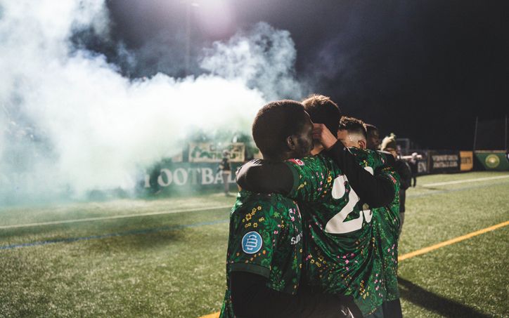 Vermont Green FC celebrating a goal at the US Open Cup in 2024.