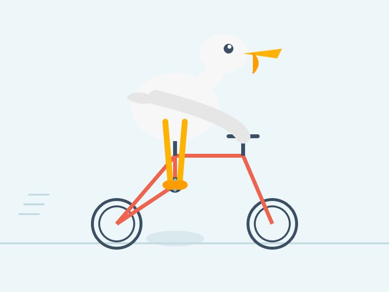 Description by Claude Sonnet 4: This is a whimsical illustration of a white duck or goose riding a red bicycle. The bird has an orange beak and is positioned on the bike seat, with its orange webbed feet gripping what appears to be chopsticks or utensils near the handlebars. The bicycle has a simple red frame with two wheels, and there are motion lines behind it suggesting movement. The background is a soft blue-gray color, giving the image a clean, minimalist cartoon style. The overall design has a playful, humorous quality to it.