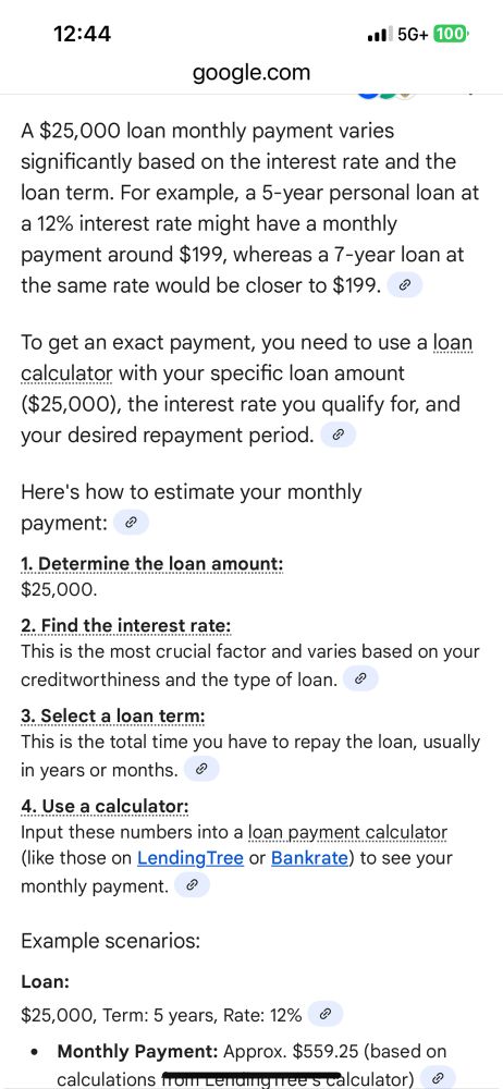 AI contradicts itself in screenshot. 25,000 personal loan at 12 percent interest at top is $199 a month at the bottom it’s $599 a month. 