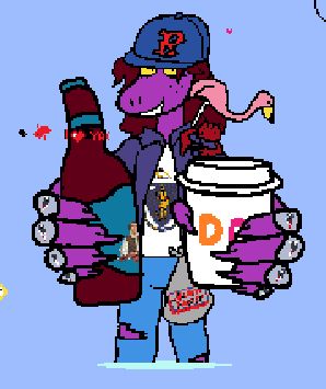 pixel art on wplace of susie from deltarune, clad in a red sox hat and massachusetts flag t-shirt, holding a bottle of sam adams beer and a cup of dunkin donuts coffee out toward the viewer. her hands are clad in the super bowl rings of the new england patriots. she has a plastic bag for market basket tied to her waist, and a lobster and plastic flamingo over her shoulder.