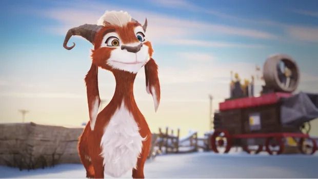 ID: Hazel the goat from Elliot the Littlest Reindeer standing in a snowy bluesky day