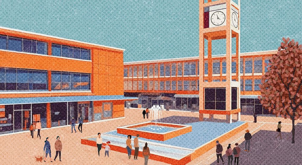 Colourful sketch of an animated town centre pedestrianised square with a modernist clocktower - the sketch is of Stevenage 