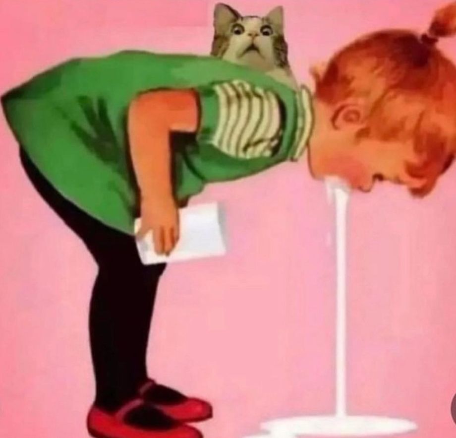 Image of young girl vomiting milk with a horrified cat on her back 