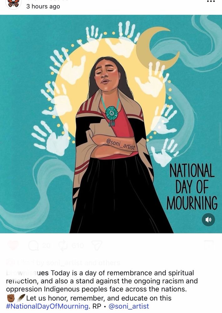 Soni Artist non AI National Day of Mourning post a native woman stands in front of a sun and crescent moon on a turquoise background and with a turquoise necklace arms folded and eyes closed 