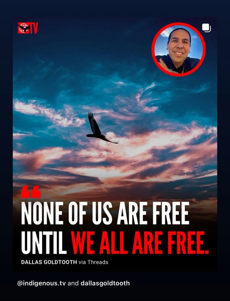 NONE OF US ARE FREE UNTIL WE ALL ARE FREE.
DALLAS GOLDTOOTH via Threads
@indigenous.tv and dallasgoldtooth