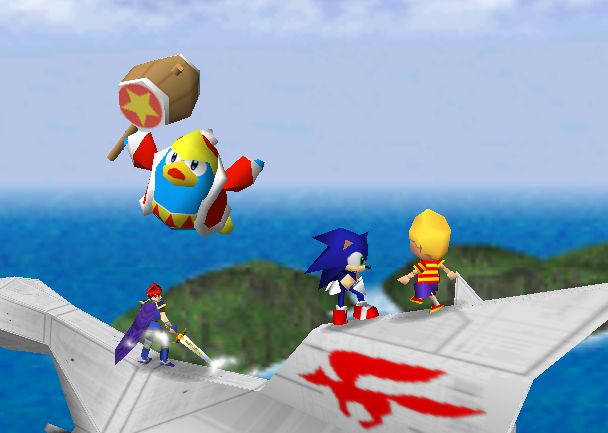 screenshot of Super Smash Bros. featuring King Dedede, Sonic, Lucas, and Roy in Corneria

in actuality, this is a mod of SSB named Smash Remix, evidenced by the fact none of the featured fighters or the stage are in the vanilla game