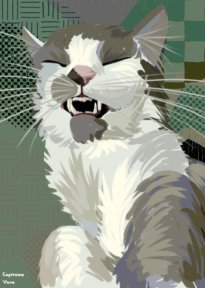 A digital drawing of a cat with its front paws folded up, head tilted back and mouth open as it's mid-sneeze. It has white and grey fur.