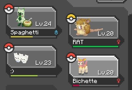 A minecraft screenshot of the team screen of the Cobblemon mod, adding pokemon to minecraft. There's a floragato named Spaghetti, a ratticate named RAT, tandemaus named :) and a deerling named Bichette.