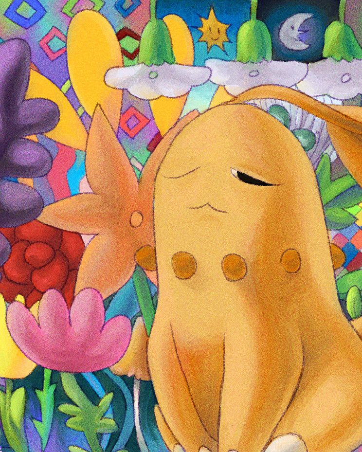 A cropped screenshot of a digital illustration, showing a yellow chikorita (pokemon) sitting in the middle of plenty of cartoonish and colorful flowers and patterns.