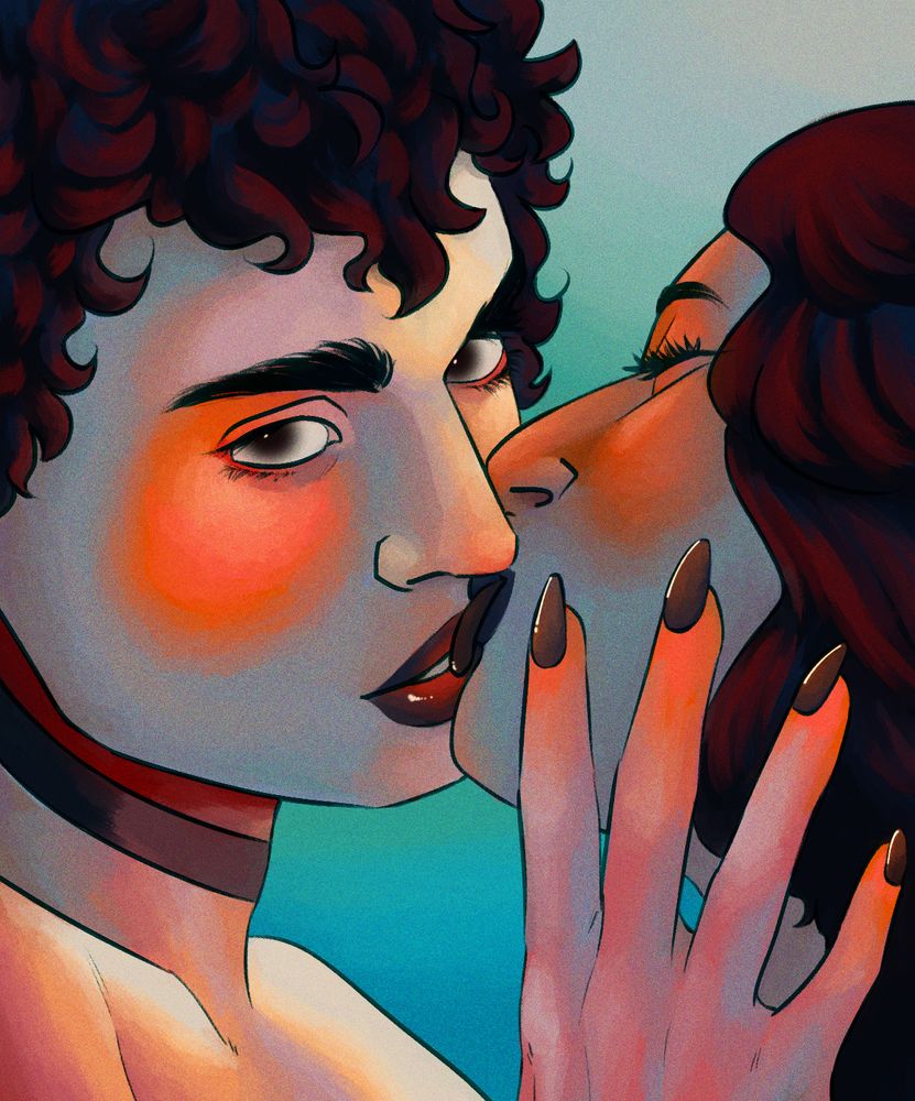 A digital drawing of my OC, Vincent, licking the lips of his partner, an OC who belongs to a friend. The partner has her hand on the side of his face, gazing straight at the viewer, her head tilted, as Vincent has his eye closed, only focused on his partner. The color scheme is made of dark red, orange, and turquoise.