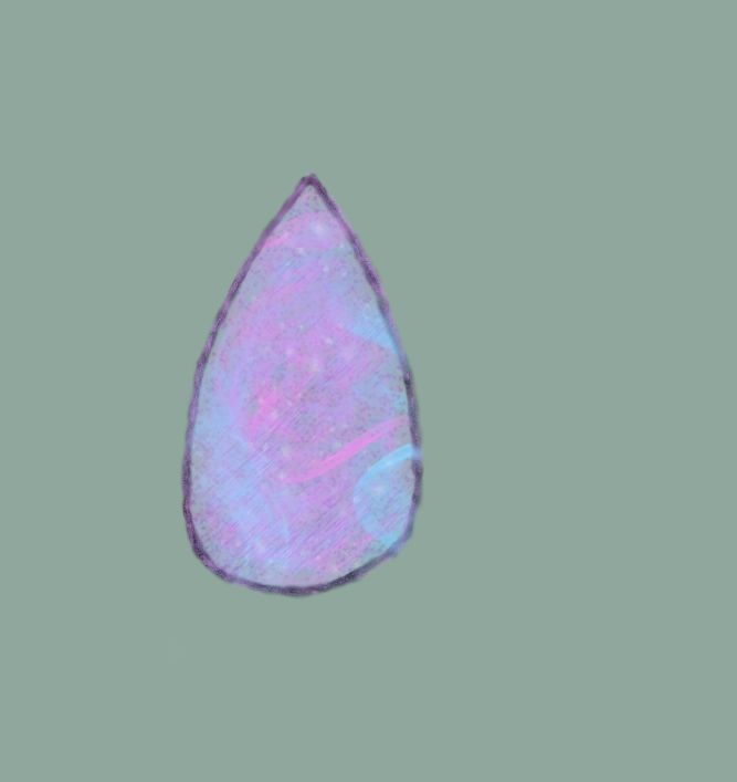 A drawing of a drop of water decorated with multiple layers of pinks, blues, whites, and purples with varying textures throughout. A solid grayish green is the background color.