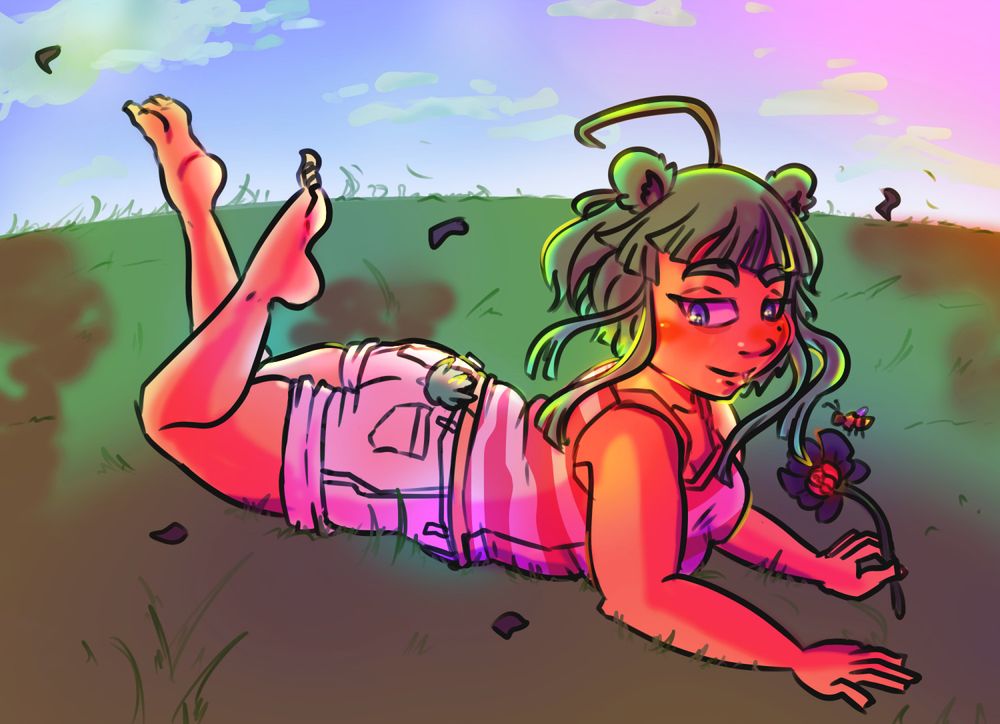 art of buko the panda, a kemonomimi panda with a feminine frame. they are laid out on their stomach upon the grass, a clear blue sky above them as the wind blows flower petals. they are holding a flower in a hand as their legs sway behind them. a honeybee hovers nearby the flower. they are looking to the viewer with a serene smile.