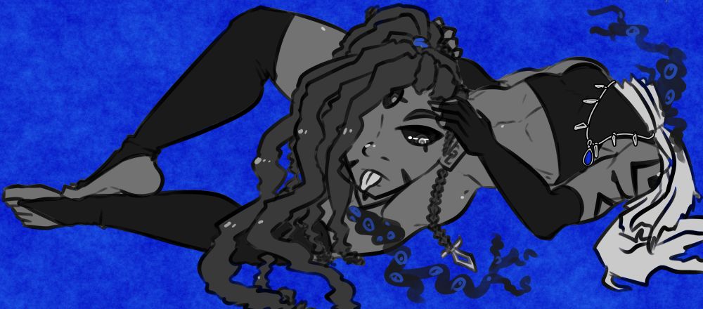 suggestive greyscale illustration of Daft Elsewhere's sona, a slender but toned humanoid dullahan. they are laid upon their side, wearing a tight sleeveless crop top, as well as arm and leg sleeves that expose fingers and feet. notable accessories include a torn scarf and silver jewelry. their dullahan head is detached and covering their crotch. extra long locs trail over their right eye and off-screen. a third eye peeks out over their forehead. they look towards the viewer with a composed expression, sticking their tongue out.