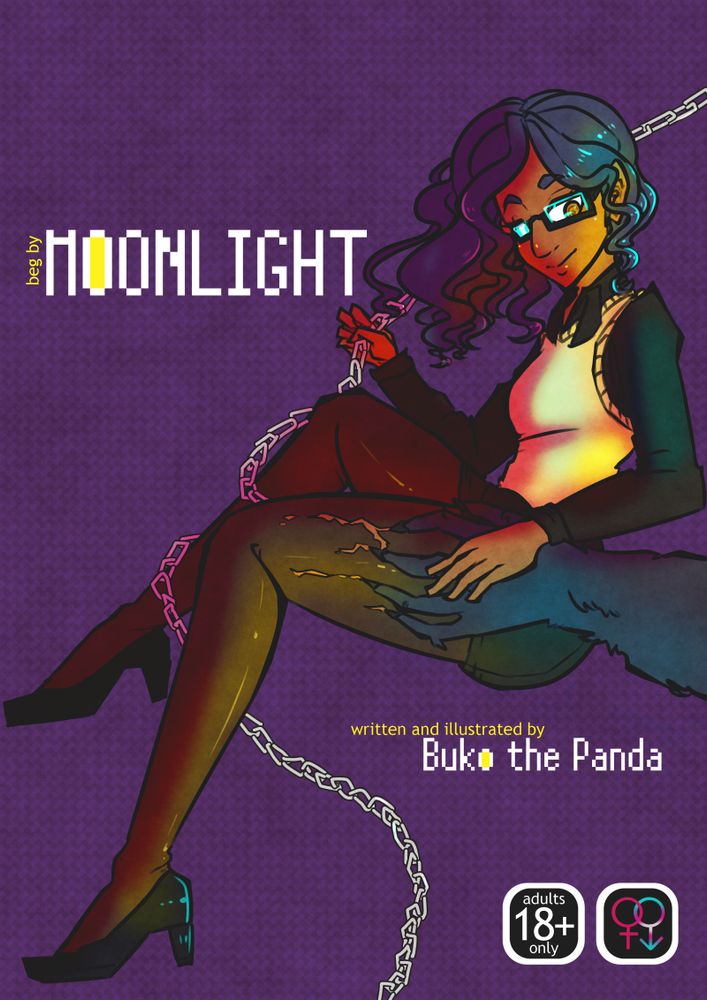 the cover for beg by moonlight. it features neha, a brown skinned south asian woman with long wavy hair and glasses. she poses while holding a long chain leash, part of it wrapping around her leg. the clawed hand of a black-furred werewolf reaches out from off-screen, scratching a hole in the thigh of her stockings. she looks to the viewer with a knowing smile, one of her glasses lens shining.