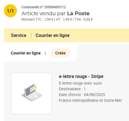 reciept of buko's online order for sending a letter to Stripe.