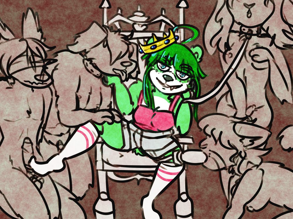 art of an anthro panda sitting lazily in a throne with a crown on their head. they have a smug grin as they are surrounded by four submissives in varying degree of light bondage.