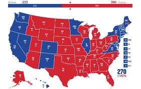 Color coded map from the 2016 Presidential Election made by 270ToWin.com showing what states Clinton and Trump won.