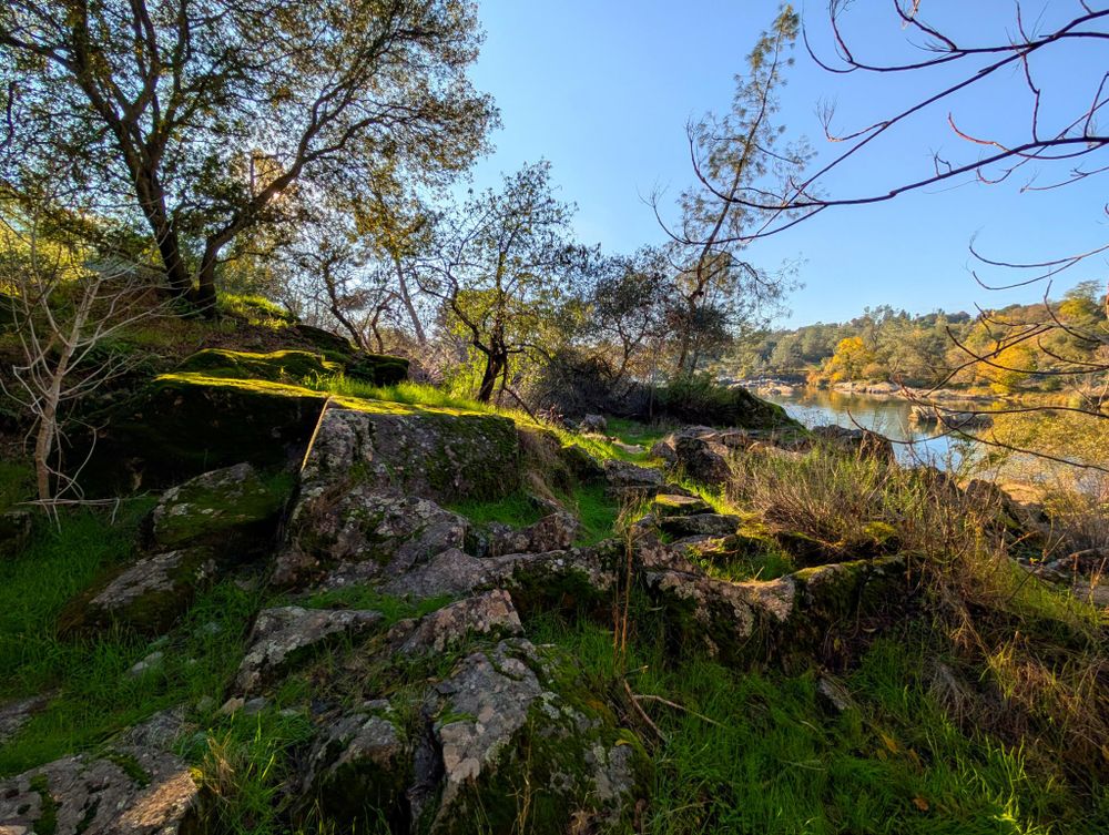Sharp rocks and grass along the river